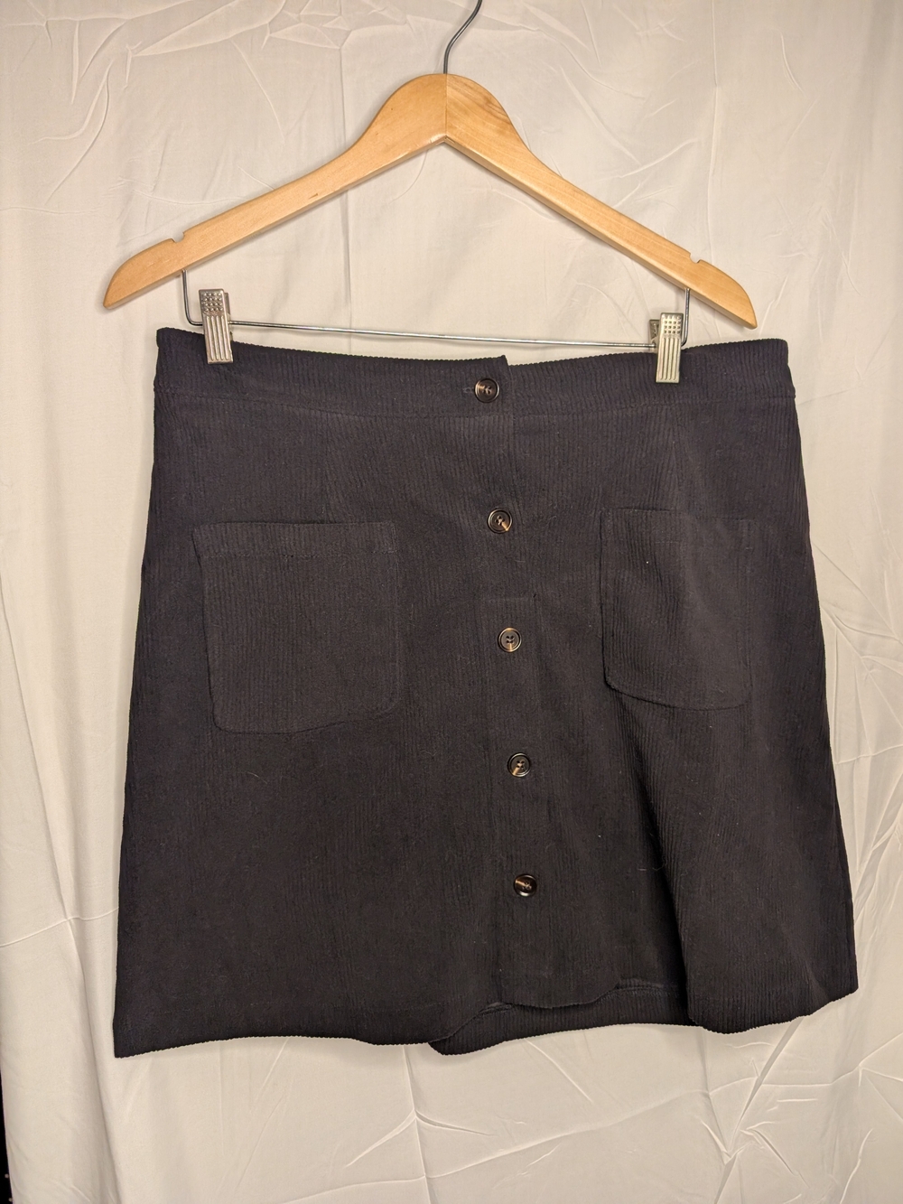 Black Corduroy Button Front Mini Skirt High Waist Pockets Size XL - Picture 3 of 4